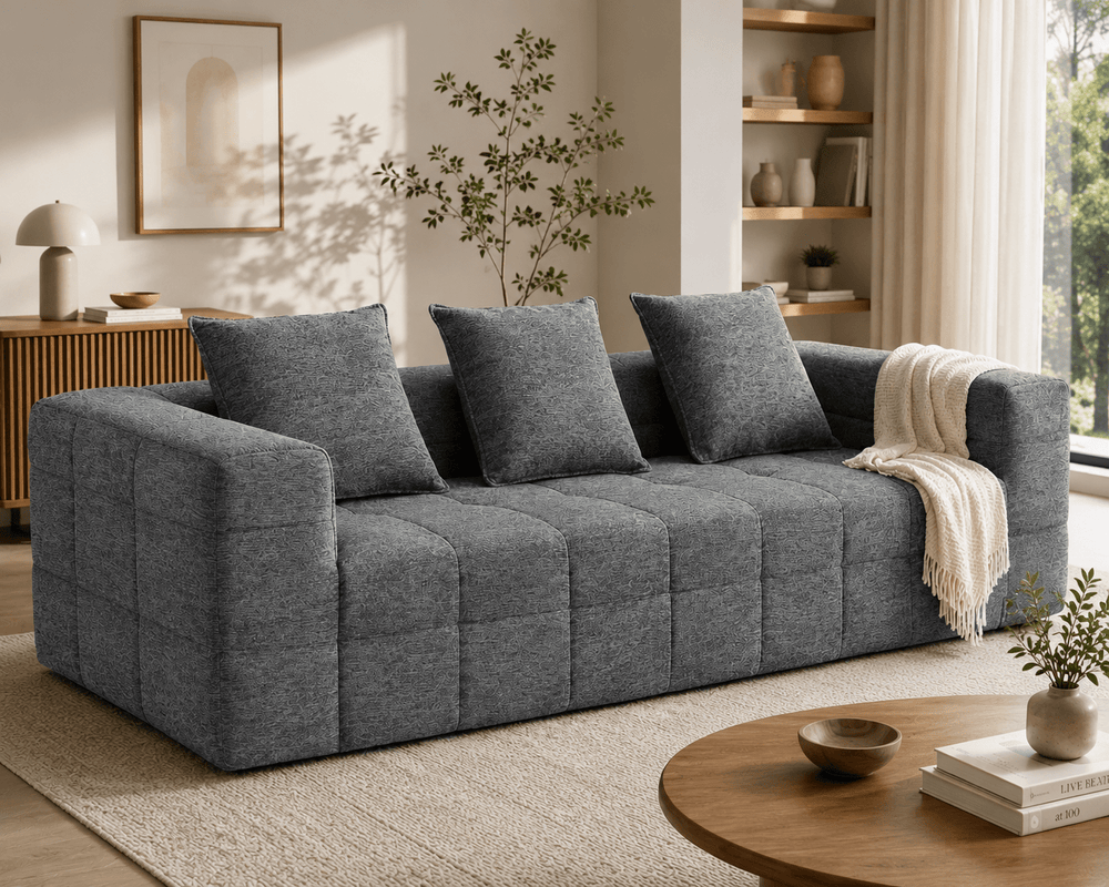 Monda 3-Seater Compressed Sofa – Grey Woven Fabric, 30D Foam & 3 Back Pillows – product view 2