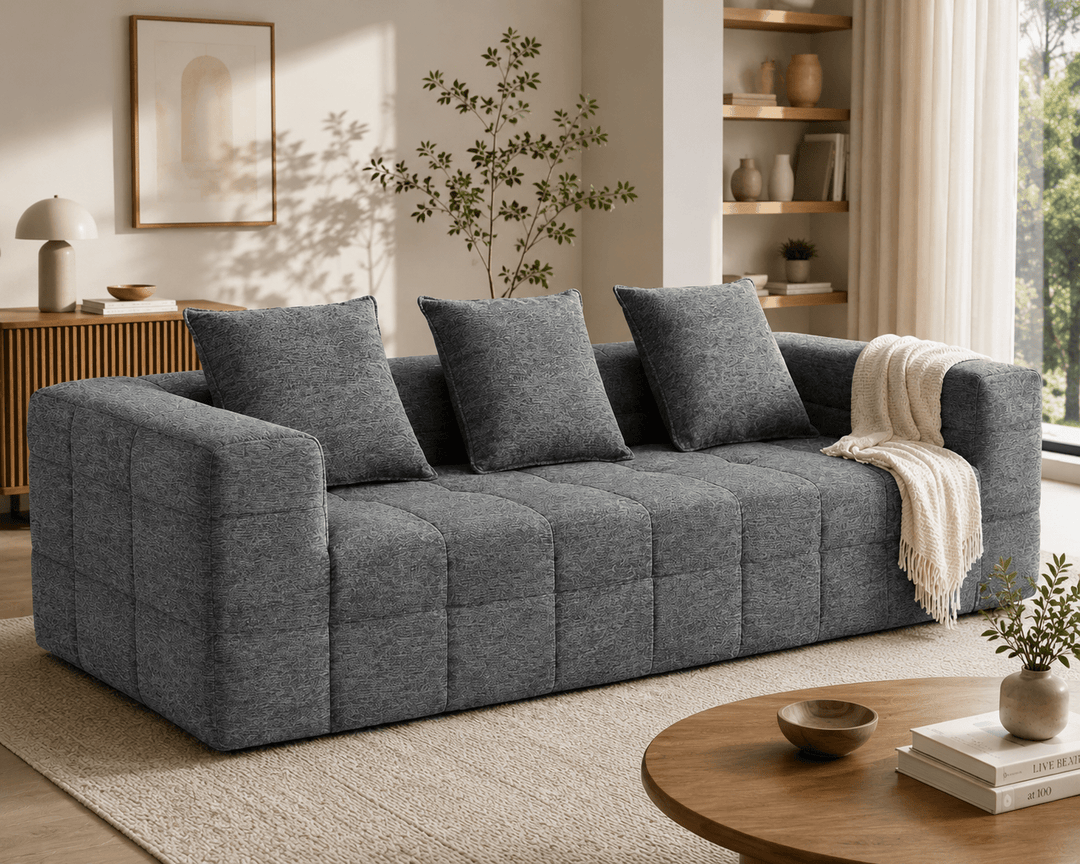 Monda 3-Seater Compressed Sofa – Grey Woven Fabric, 30D Foam &amp; 3 Back Pillows – product view 2