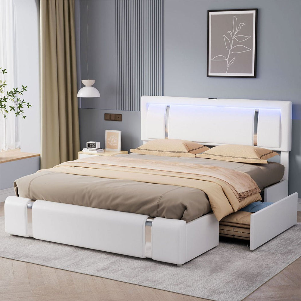 Aurora King Bed Frame | PU Leather, RGB LED, 2 Storage Drawers & USB Charging | Greenora Living Australia