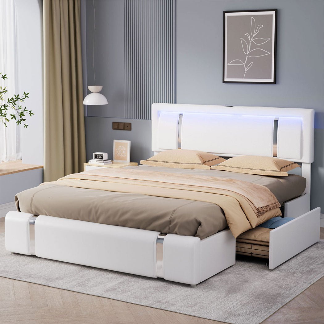 Aurora King Bed Frame | PU Leather, RGB LED, 2 Storage Drawers &amp; USB Charging | Greenora Living Australia