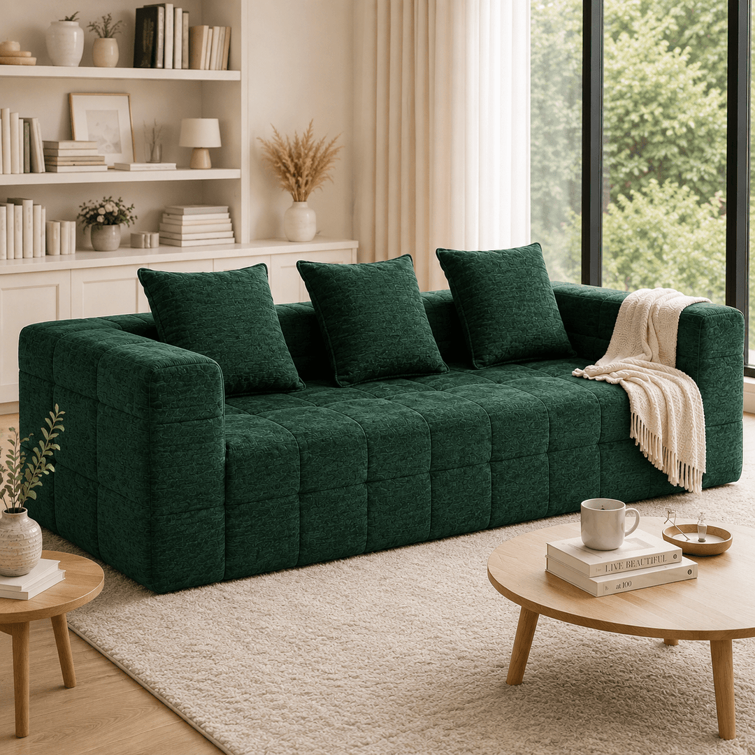 Monda 3-Seater Compressed Sofa – Woven Fabric & 30D Foam & 3 Back Pillows & Beige