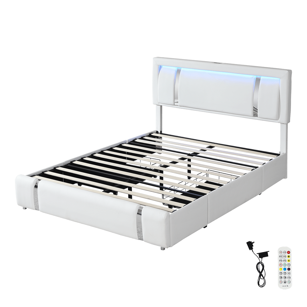 Aurora Queen Bed Frame | PU Leather, RGB LED, 2 Storage Drawers &amp; USB Charging | Greenora Living Australia