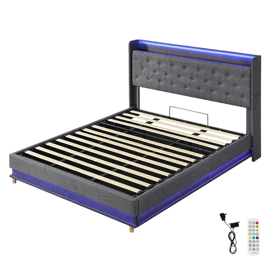 Nova King Bed Frame | Gas Lift Under-Bed Storage, LED Headboard, USB Charging &amp; Side Pocket | Greenora Living Australia