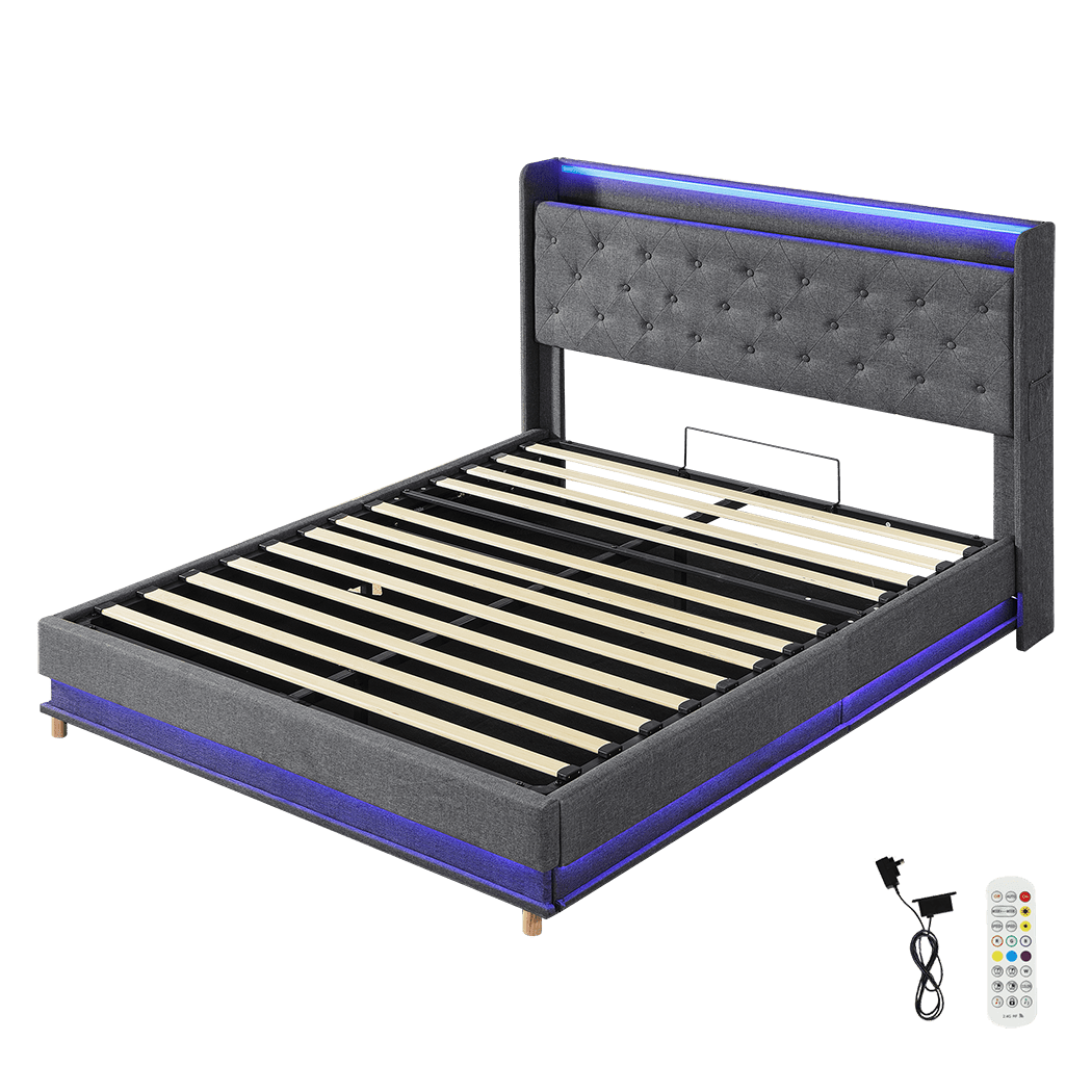 Nova Queen Bed Frame | Gas Lift Under-Bed Storage, LED Headboard, USB Charging &amp; Side Pocket | Greenora Living Australia