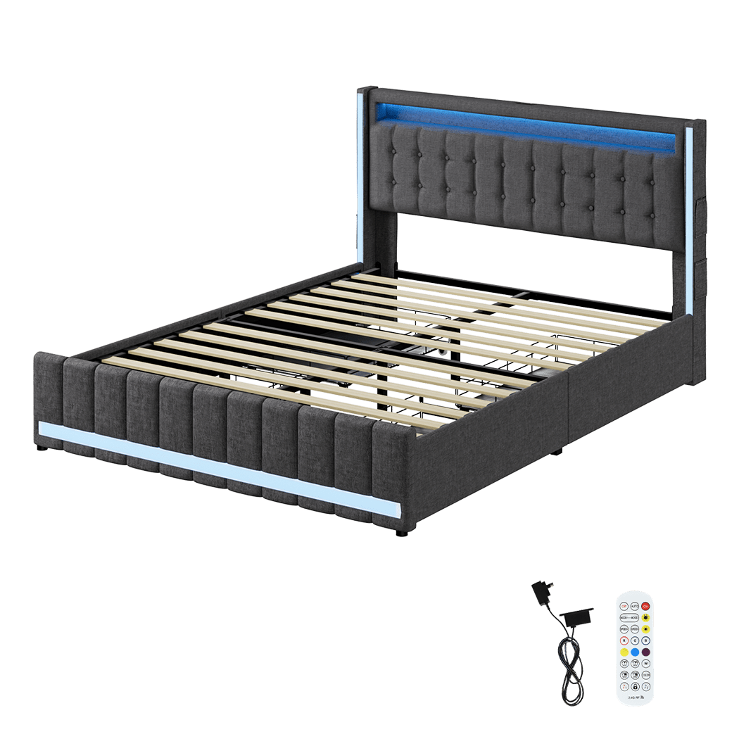 Haven Double Bed Frame | Grey Linen, RGB LED, 4 Storage Drawers &amp; USB Charging | Greenora Living Australia