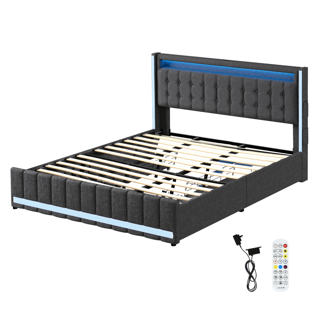 Haven King Bed Frame | Grey Linen, RGB LED, 4 Storage Drawers &amp; USB Charging | Greenora Living Australia