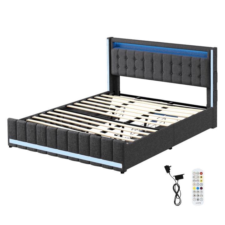 Haven King Bed Frame | Grey Linen, RGB LED, 4 Storage Drawers &amp; USB Charging | Greenora Living Australia