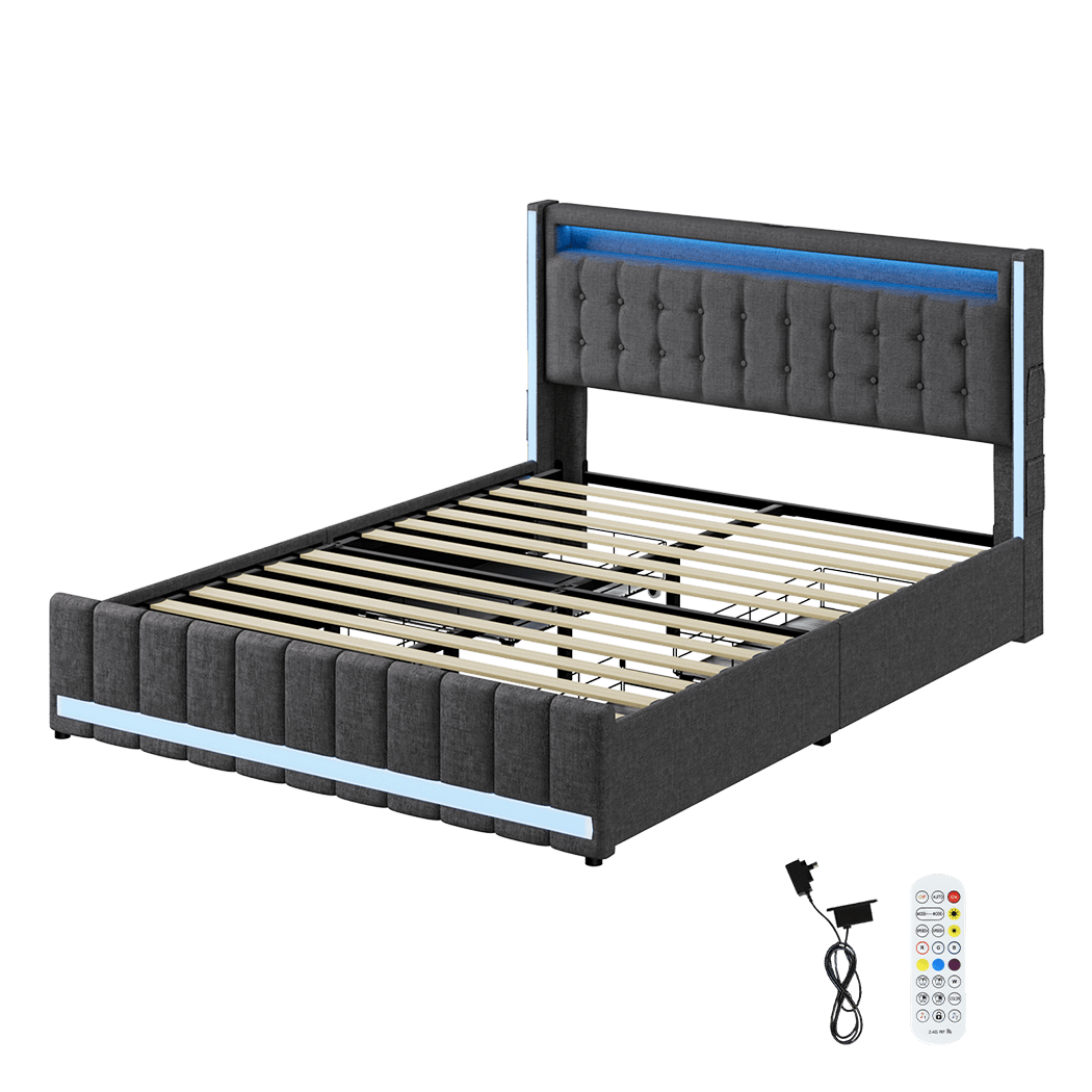 Haven Queen Bed Frame | Grey Linen, RGB LED, 4 Storage Drawers &amp; USB Charging | Greenora Living Australia
