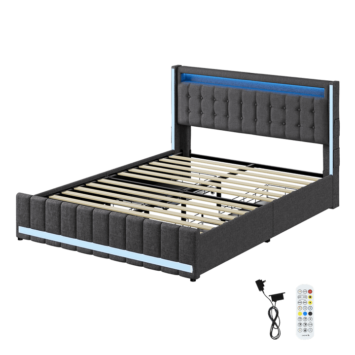 Haven Queen Bed Frame | Grey Linen, RGB LED, 4 Storage Drawers &amp; USB Charging | Greenora Living Australia