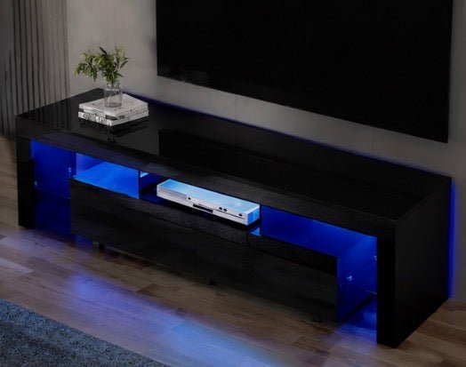 Elo – 200cm High Gloss Black TV Unit – RGB LED Lighting &amp; Tempered Glass Shelf – product view 7
