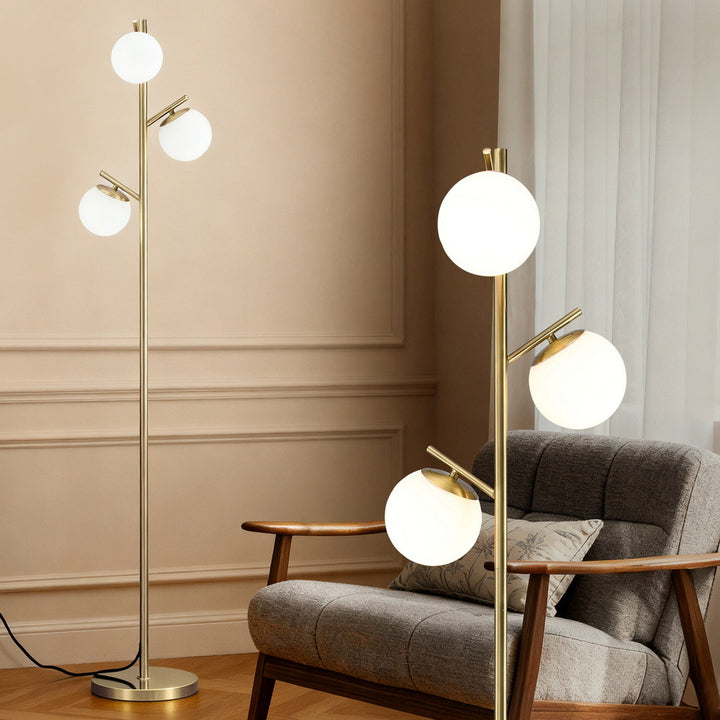 3-Light Tree Floor Lamp with Sphere Glass Shades – 165cm Gold - Greenora Living