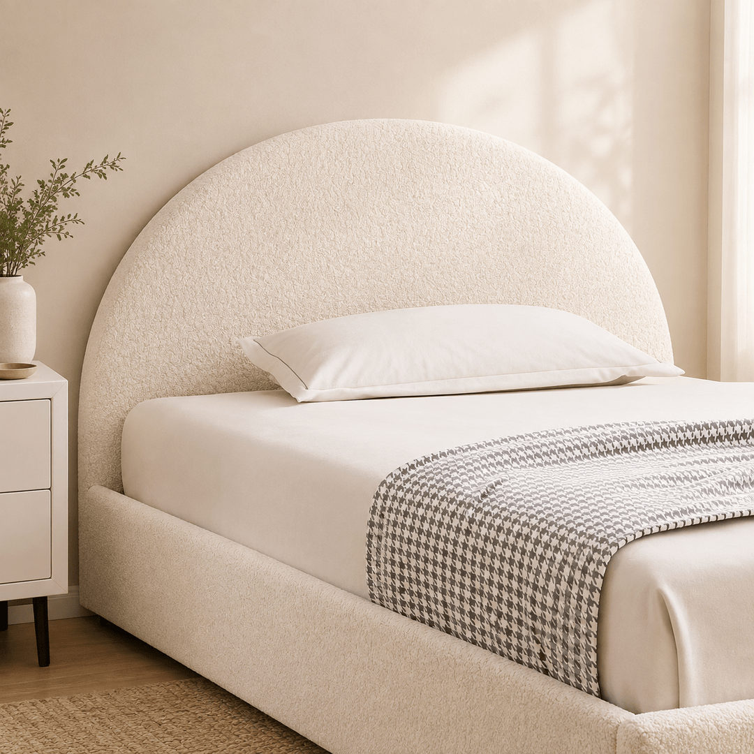 Ella Beige Boucle King Single Bed Frame – Gas Lift Storage, Padded Headboard