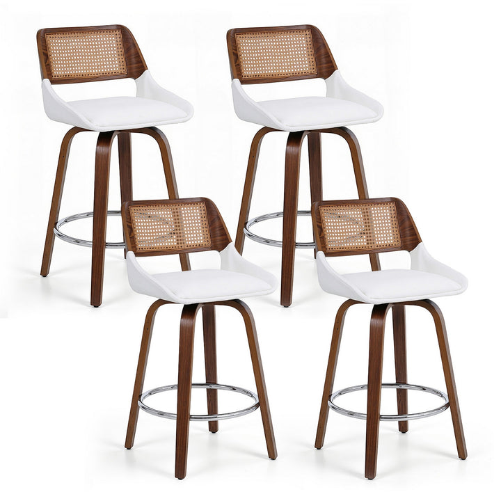 White Rattan Swivel Bar Stools Set of 4 – PU Leather &amp; PE Rattan Backrest - Greenora Living