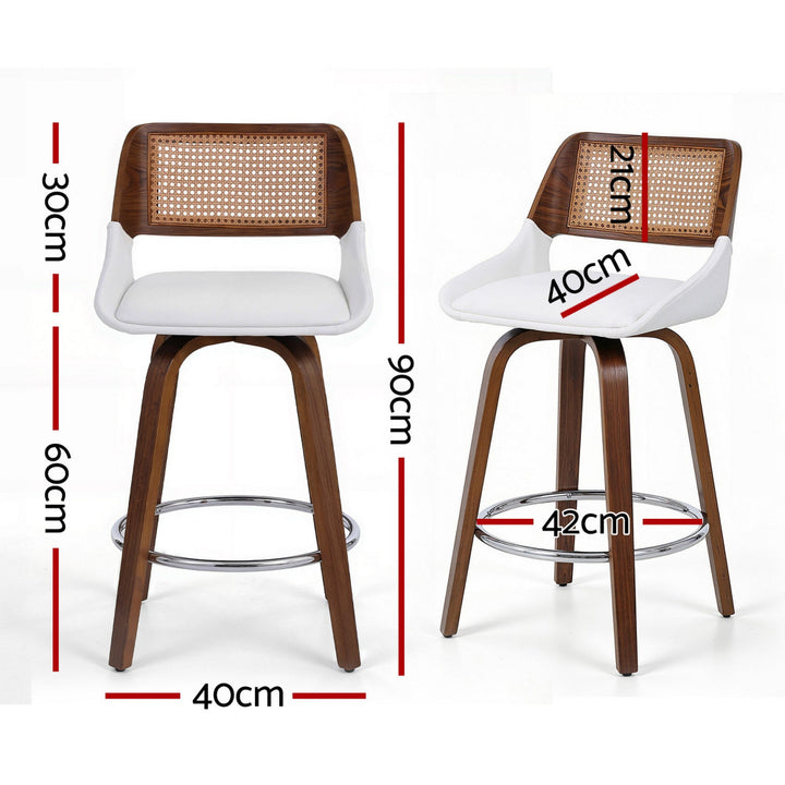White Rattan Swivel Bar Stools Set of 4 – PU Leather &amp; PE Rattan Backrest - Greenora Living