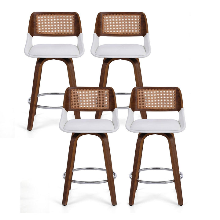 White Rattan Swivel Bar Stools Set of 4 – PU Leather &amp; PE Rattan Backrest - Greenora Living