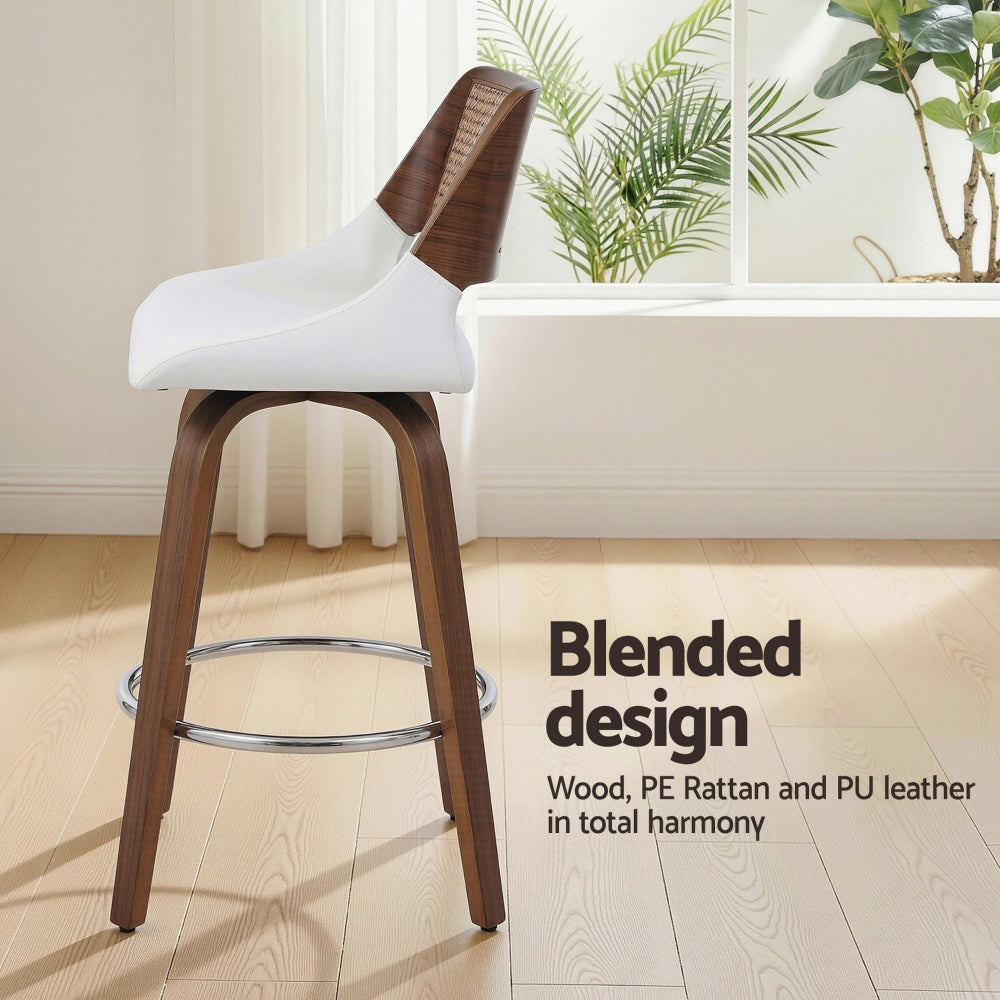 White Rattan Swivel Bar Stools Set of 4 – PU Leather &amp; PE Rattan Backrest - Greenora Living