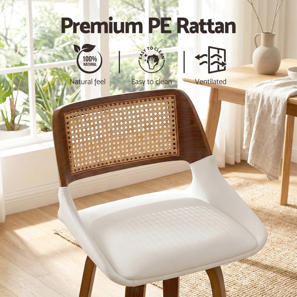 White Rattan Swivel Bar Stools Set of 4 – PU Leather &amp; PE Rattan Backrest - Greenora Living