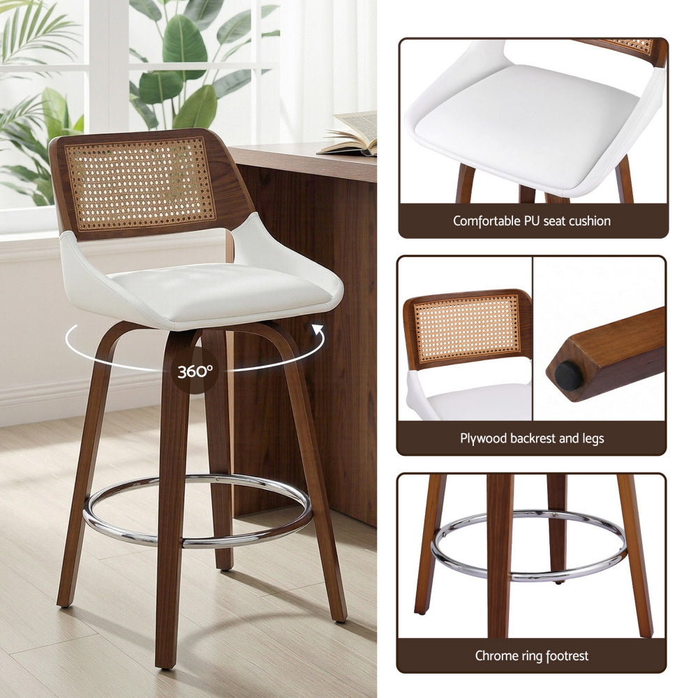 White Rattan Swivel Bar Stools Set of 4 – PU Leather &amp; PE Rattan Backrest - Greenora Living