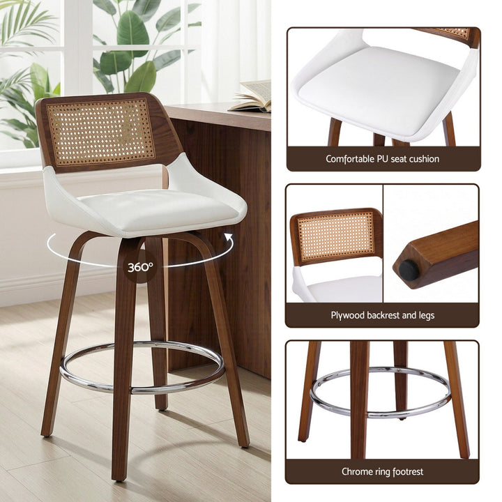White Rattan Swivel Bar Stools Set of 4 – PU Leather &amp; PE Rattan Backrest - Greenora Living