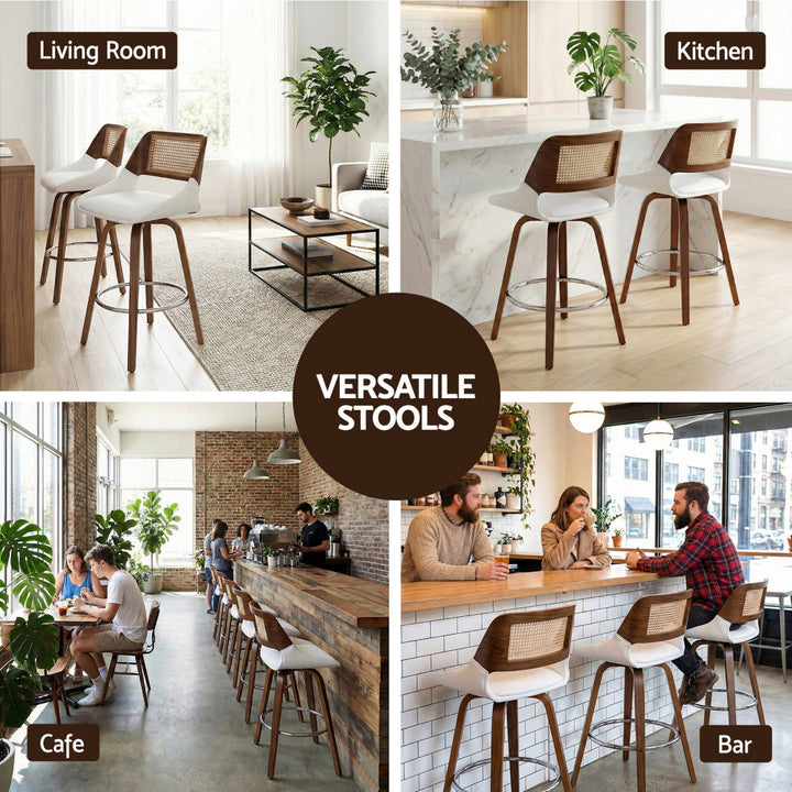 White Rattan Swivel Bar Stools Set of 4 – PU Leather &amp; PE Rattan Backrest - Greenora Living