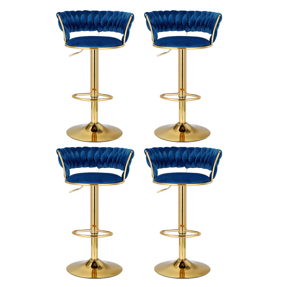 Navy Clamshell Set of 4 Velvet Gas Lift Bar Stools – Hand-Woven Backrest | SGS Certified | 150kg - Greenora Living