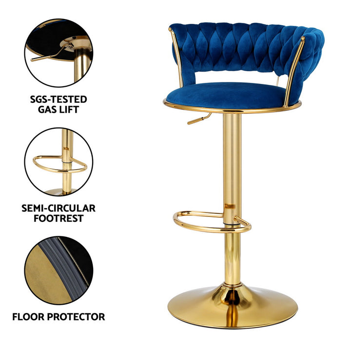 Navy Clamshell Set of 4 Velvet Gas Lift Bar Stools – Hand-Woven Backrest | SGS Certified | 150kg - Greenora Living