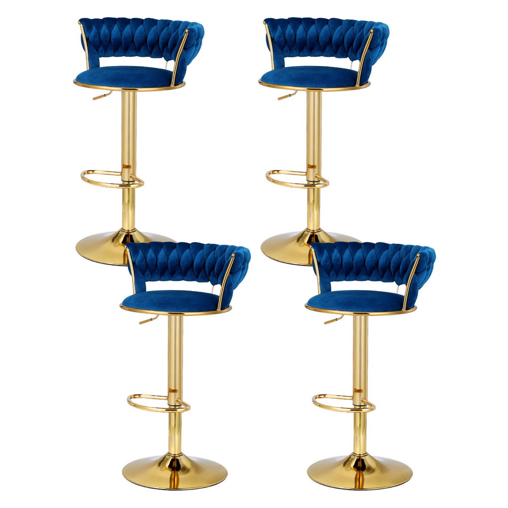 Navy Clamshell Set of 4 Velvet Gas Lift Bar Stools – Hand-Woven Backrest | SGS Certified | 150kg - Greenora Living