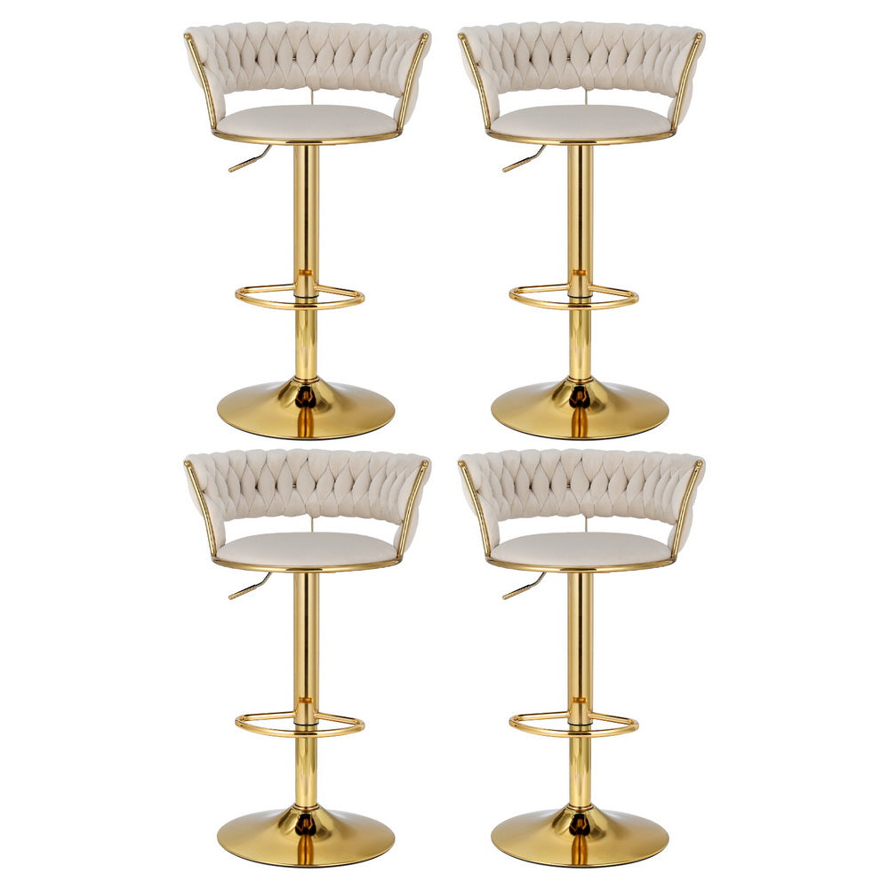 Ivory Clamshell Set of 4 Velvet Gas Lift Bar Stools – Hand-Woven Backrest | SGS Certified | 150kg - Greenora Living