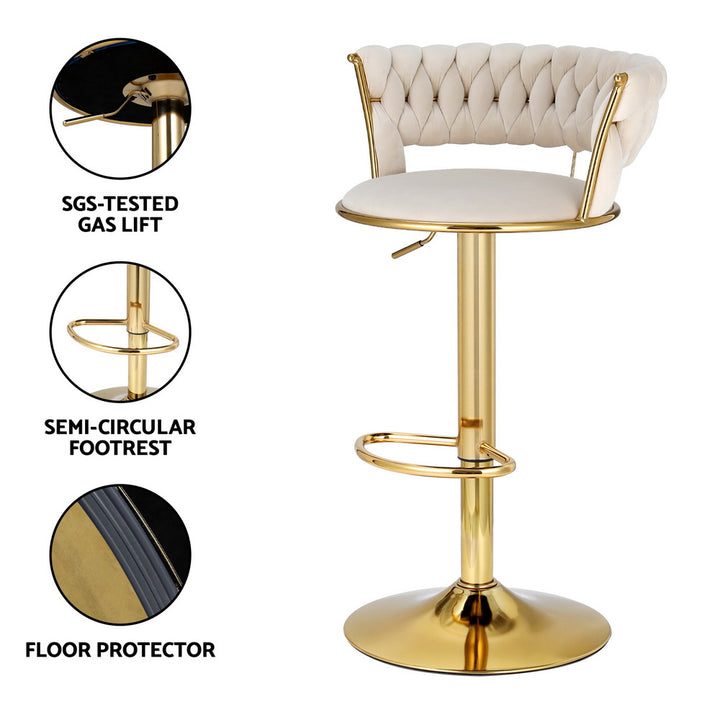 Ivory Clamshell Set of 4 Velvet Gas Lift Bar Stools – Hand-Woven Backrest | SGS Certified | 150kg - Greenora Living