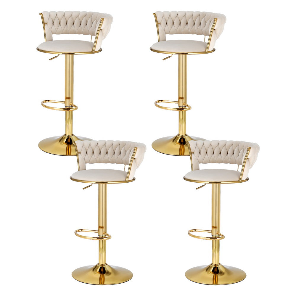 Ivory Clamshell Set of 4 Velvet Gas Lift Bar Stools – Hand-Woven Backrest | SGS Certified | 150kg - Greenora Living