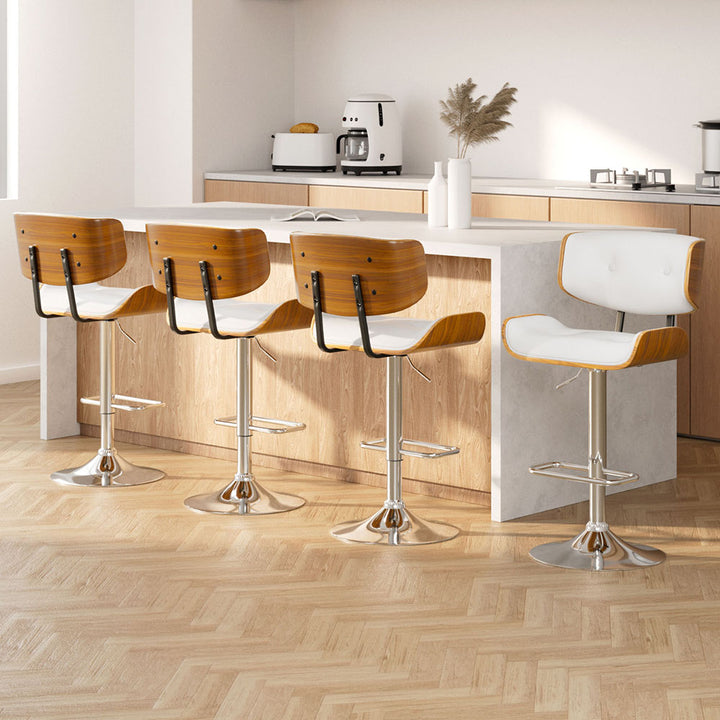 Nordic White Set of 4 Gas Lift Swivel Bar Stools – PU Leather &amp; Wood | TUV Certified | Chrome Base | 130kg - Greenora Living