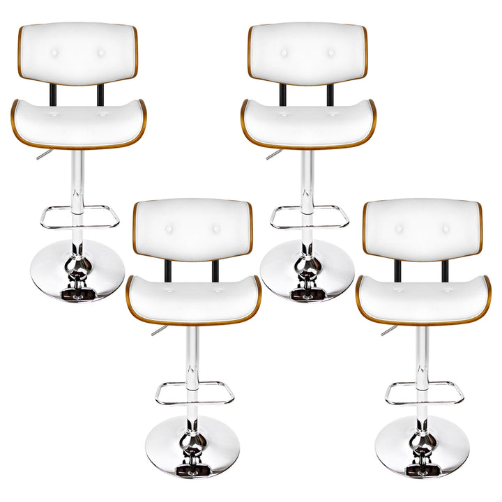 Nordic White Set of 4 Gas Lift Swivel Bar Stools – PU Leather &amp; Wood | TUV Certified | Chrome Base | 130kg - Greenora Living