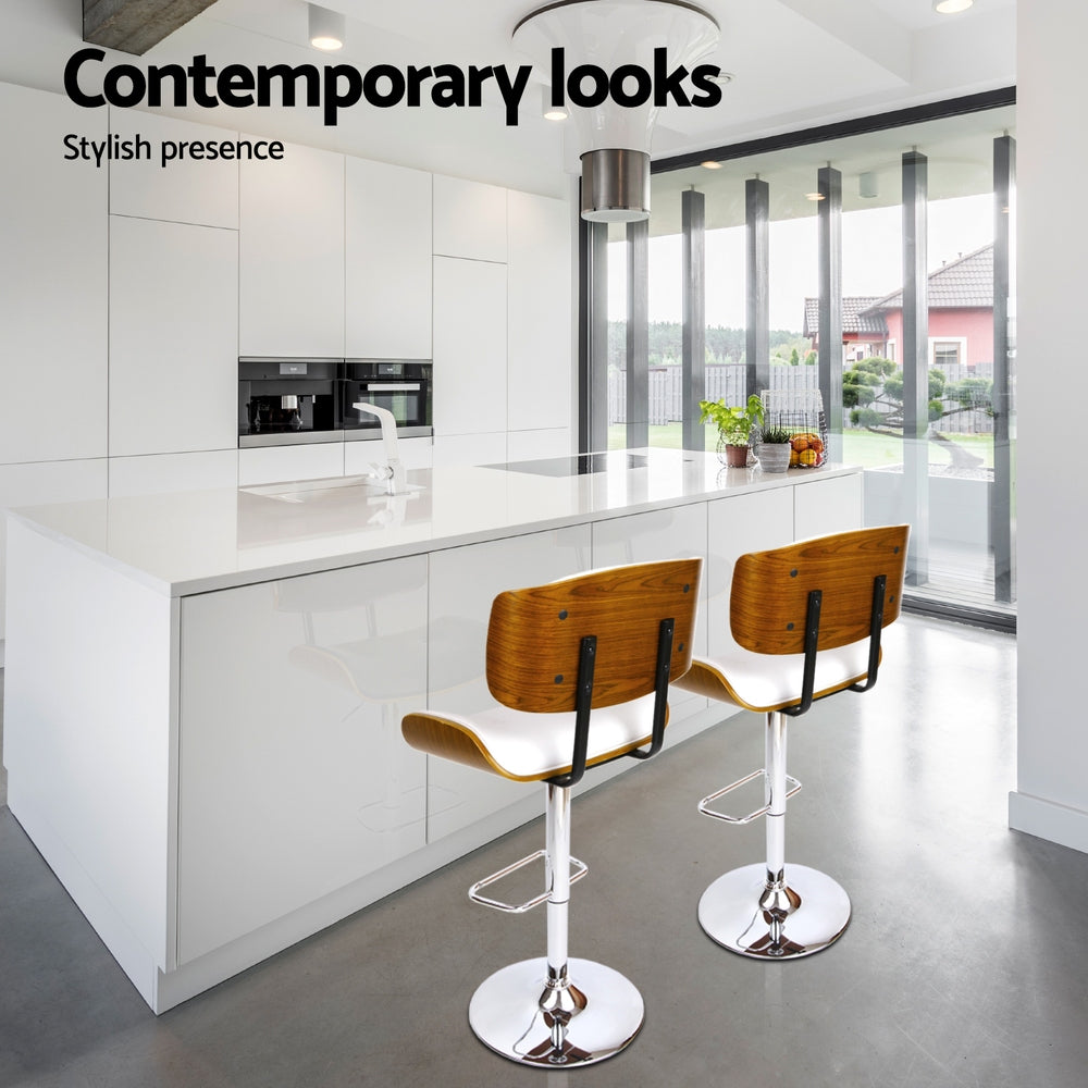 Nordic White Set of 4 Gas Lift Swivel Bar Stools – PU Leather &amp; Wood | TUV Certified | Chrome Base | 130kg - Greenora Living