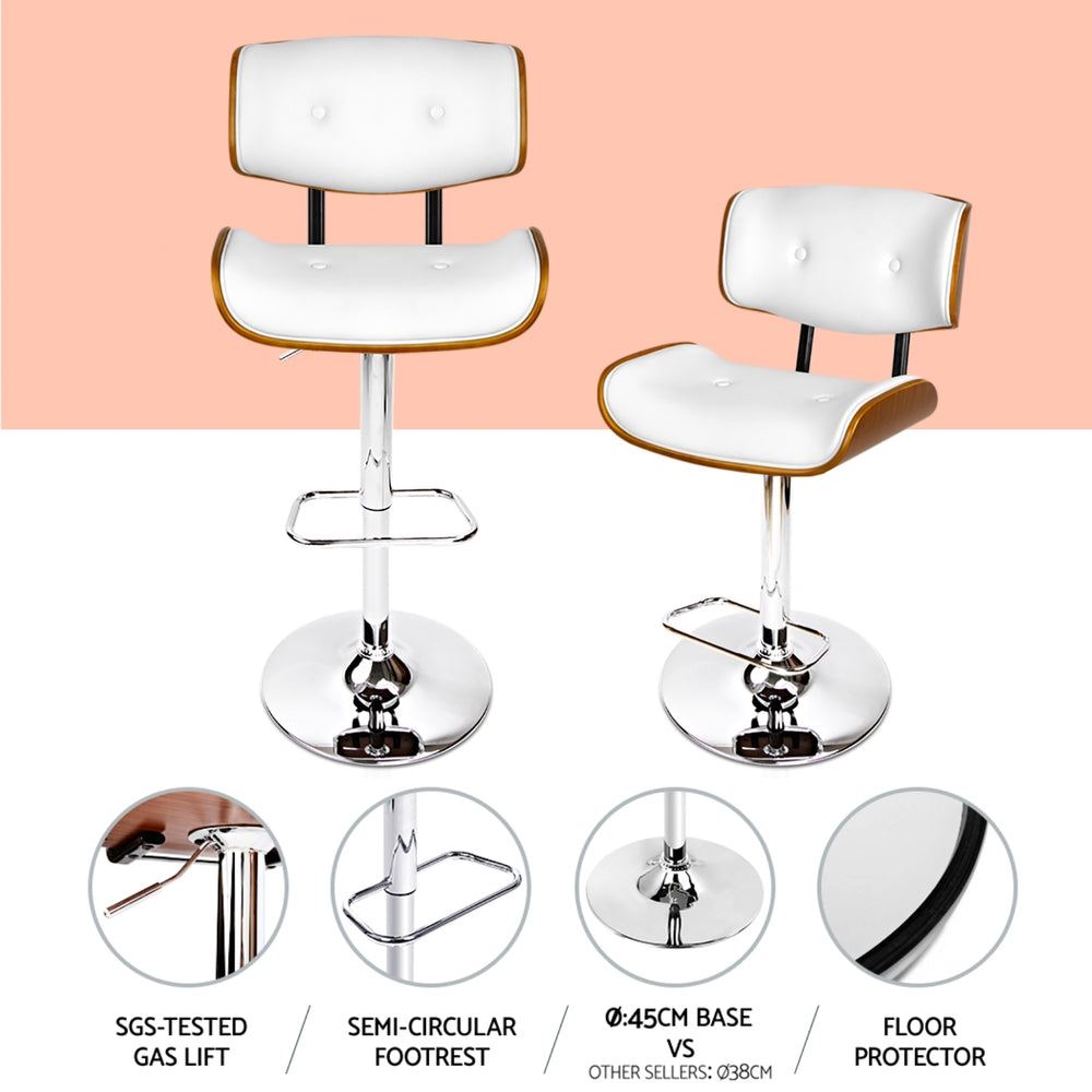 Nordic White Set of 4 Gas Lift Swivel Bar Stools – PU Leather &amp; Wood | TUV Certified | Chrome Base | 130kg - Greenora Living