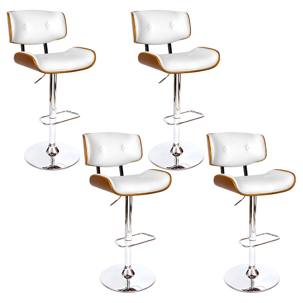 Nordic White Set of 4 Gas Lift Swivel Bar Stools – PU Leather &amp; Wood | TUV Certified | Chrome Base | 130kg - Greenora Living