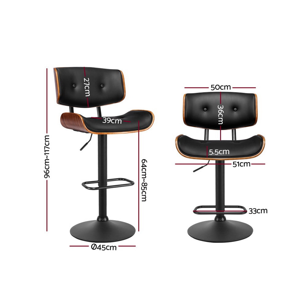 Obsidian Curve Set of 4 Gas Lift Swivel Bar Stools – Black PU Leather & Powder-Coated Steel | 150kg - Greenora Living