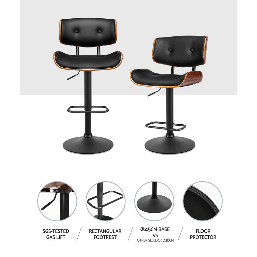 Obsidian Curve Set of 4 Gas Lift Swivel Bar Stools – Black PU Leather &amp; Powder-Coated Steel | 150kg - Greenora Living
