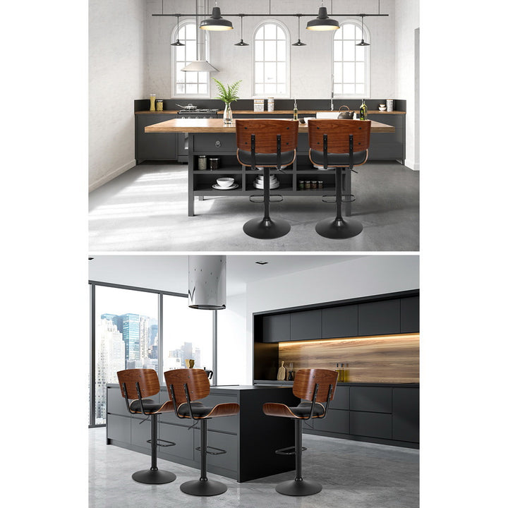 Obsidian Curve Set of 4 Gas Lift Swivel Bar Stools – Black PU Leather &amp; Powder-Coated Steel | 150kg - Greenora Living