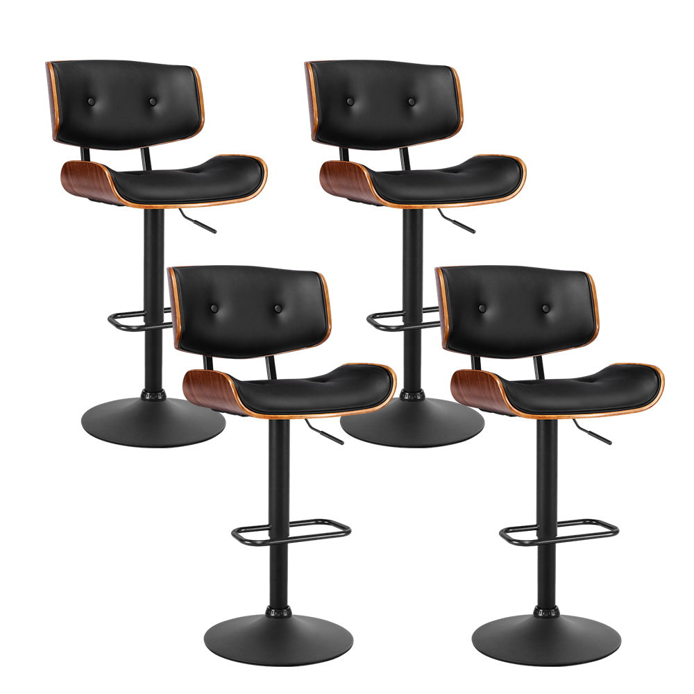 Obsidian Curve Set of 4 Gas Lift Swivel Bar Stools – Black PU Leather &amp; Powder-Coated Steel | 150kg - Greenora Living