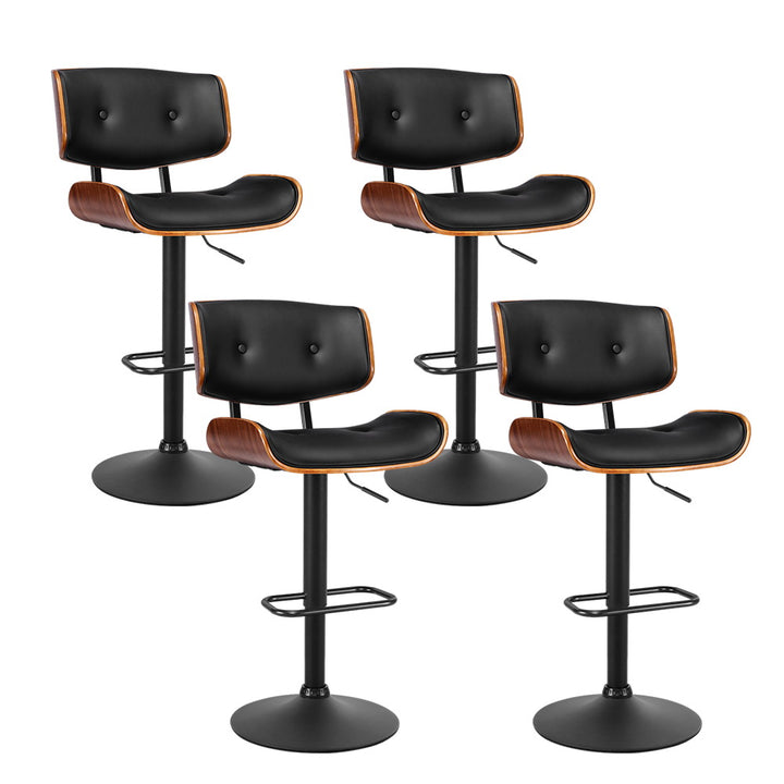 Obsidian Curve Set of 4 Gas Lift Swivel Bar Stools – Black PU Leather &amp; Powder-Coated Steel | 150kg - Greenora Living