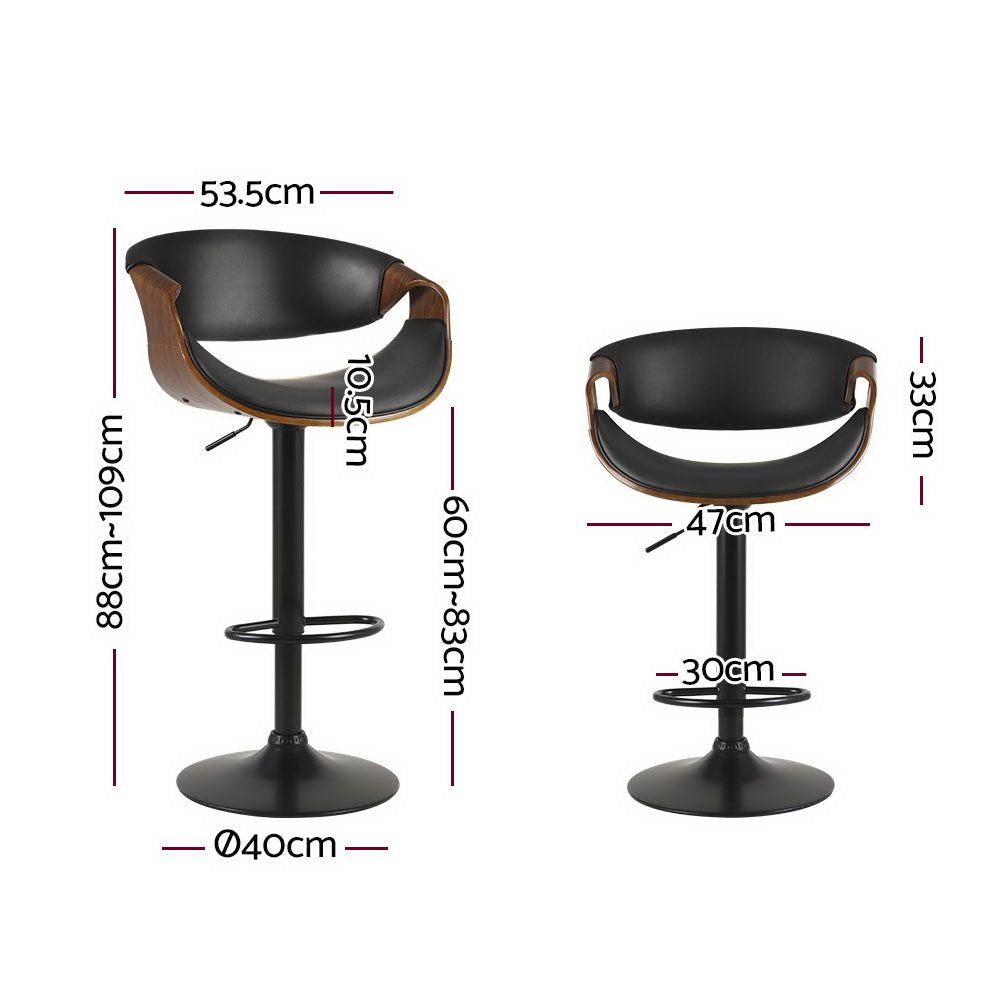 Noir Curve Set of 2 Gas Lift Swivel Bar Stools – PU Leather | Curved Plywood Frame | SGS Tested | 150kg | Black - Greenora Living