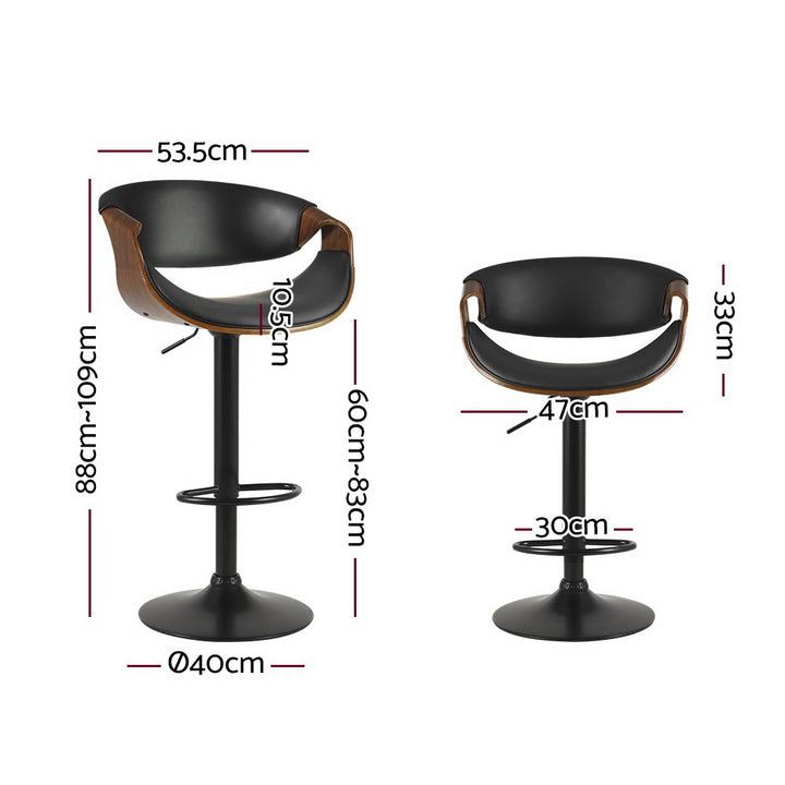 Noir Curve Set of 2 Gas Lift Swivel Bar Stools – PU Leather | Curved Plywood Frame | SGS Tested | 150kg | Black - Greenora Living