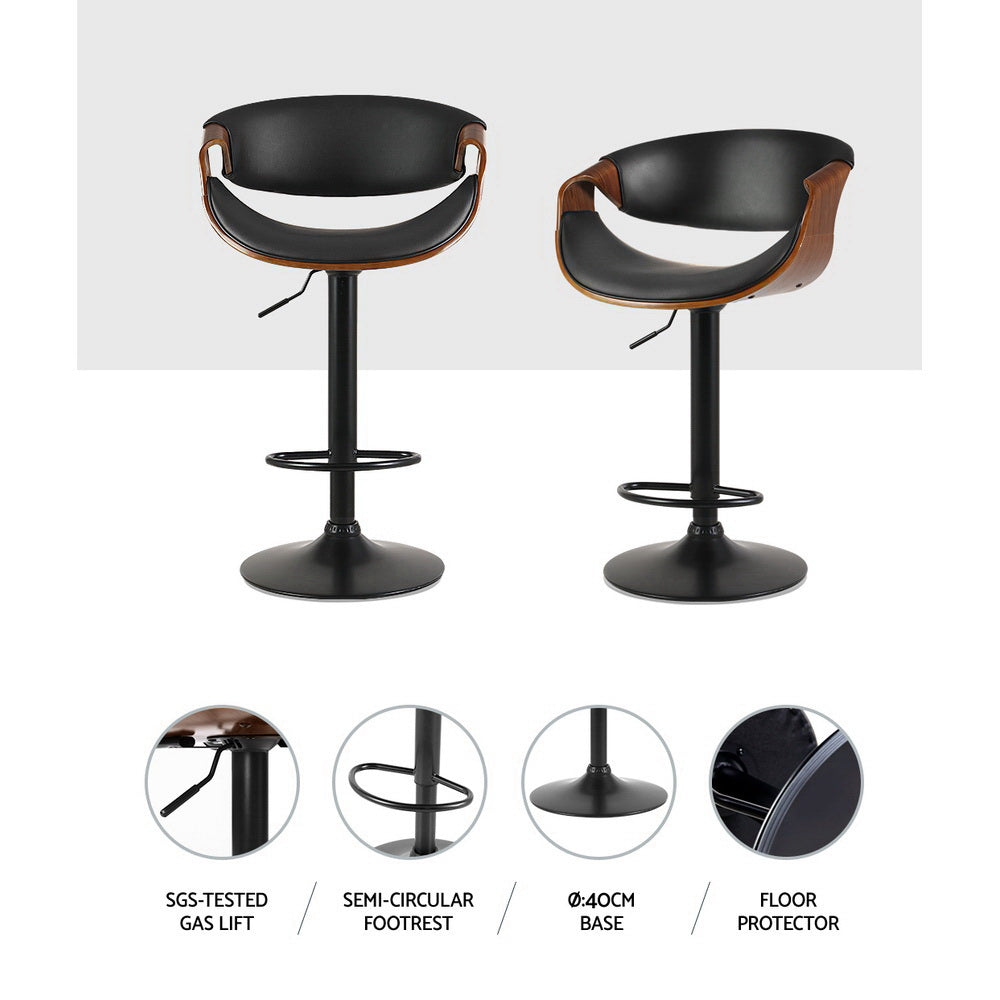Noir Curve Set of 2 Gas Lift Swivel Bar Stools – PU Leather | Curved Plywood Frame | SGS Tested | 150kg | Black - Greenora Living