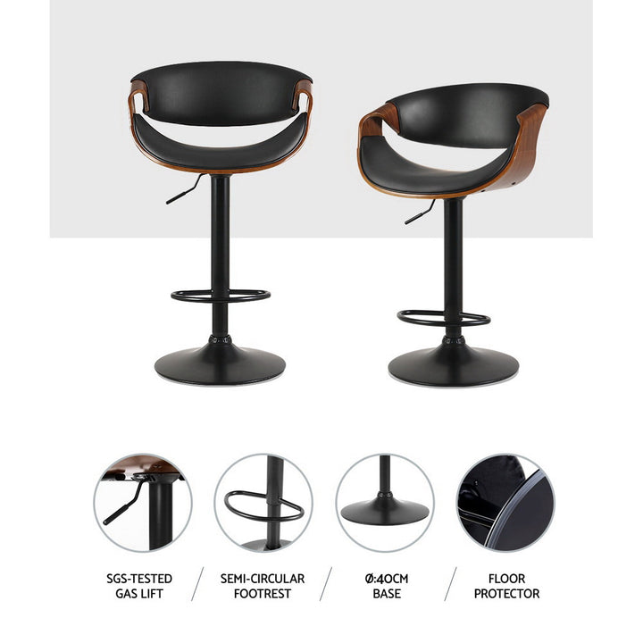 Noir Curve Set of 2 Gas Lift Swivel Bar Stools – PU Leather | Curved Plywood Frame | SGS Tested | 150kg | Black - Greenora Living