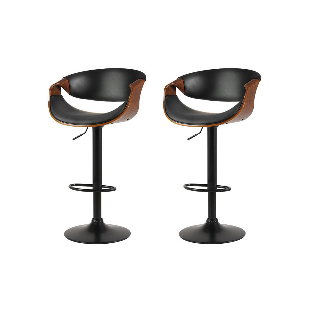 Noir Curve Set of 2 Gas Lift Swivel Bar Stools – PU Leather | Curved Plywood Frame | SGS Tested | 150kg | Black - Greenora Living