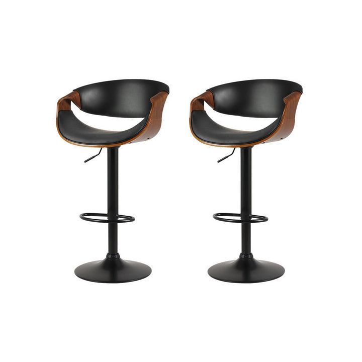 Noir Curve Set of 2 Gas Lift Swivel Bar Stools – PU Leather | Curved Plywood Frame | SGS Tested | 150kg | Black - Greenora Living