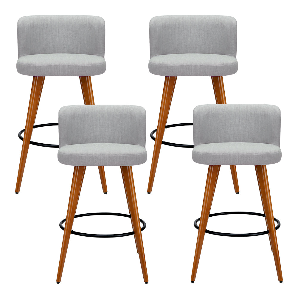 Linen Mist Set of 4 Bar Stools – Faux Linen Padded Seat &amp; Backrest | Plywood Frame | Steel Footrest | 150kg | Light Grey - Greenora Living
