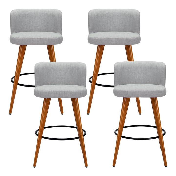 Linen Mist Set of 4 Bar Stools – Faux Linen Padded Seat &amp; Backrest | Plywood Frame | Steel Footrest | 150kg | Light Grey - Greenora Living