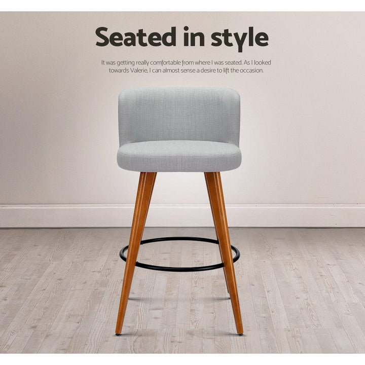 Linen Mist Set of 4 Bar Stools – Faux Linen Padded Seat &amp; Backrest | Plywood Frame | Steel Footrest | 150kg | Light Grey - Greenora Living