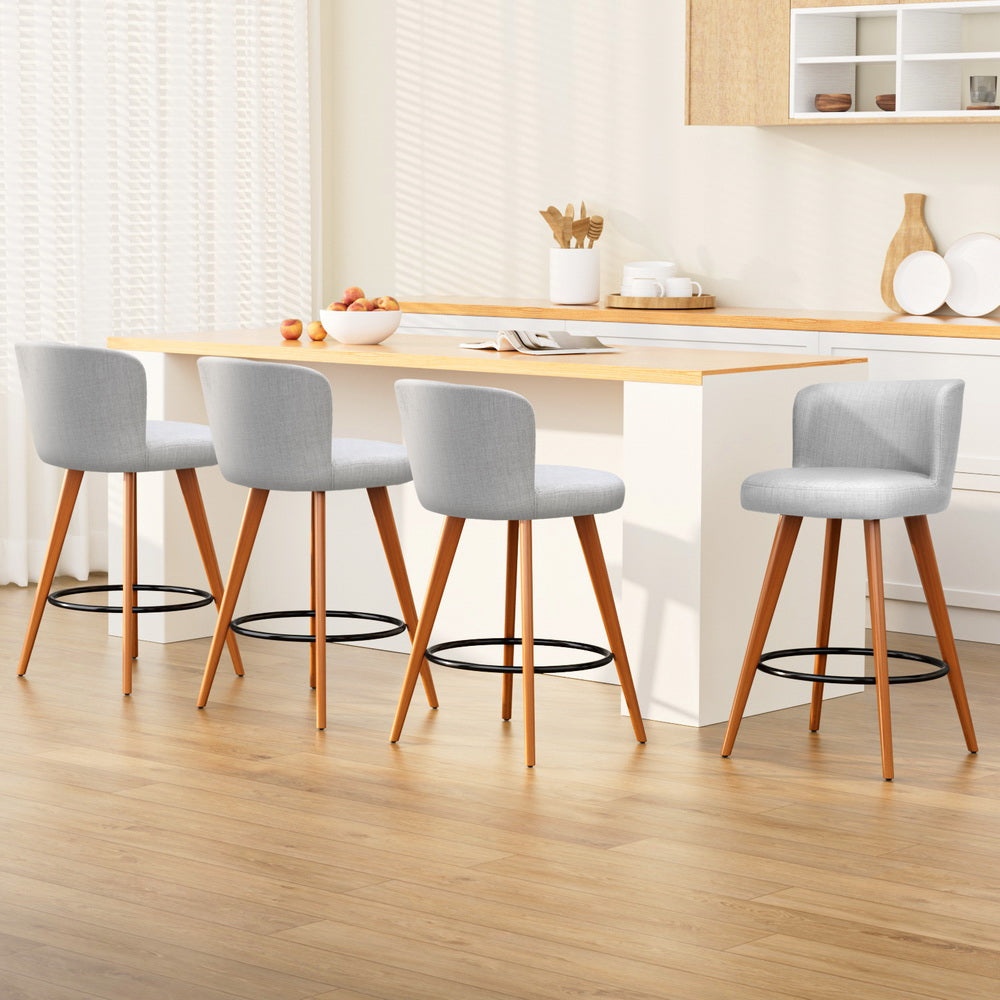 Linen Mist Set of 4 Bar Stools – Faux Linen Padded Seat &amp; Backrest | Plywood Frame | Steel Footrest | 150kg | Light Grey - Greenora Living